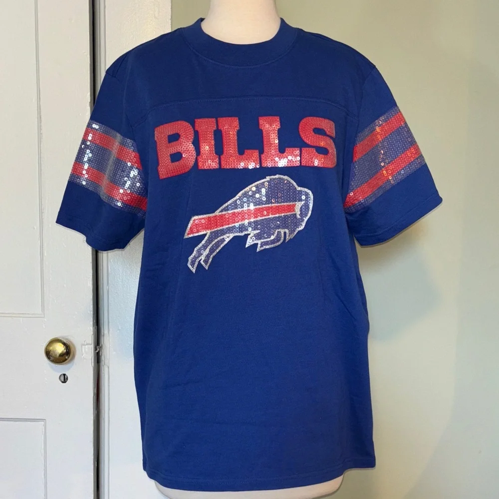 NFL Blue buffalo Bills sequin Graphic T-Shirt women’s size medium - Picture 2 of 9